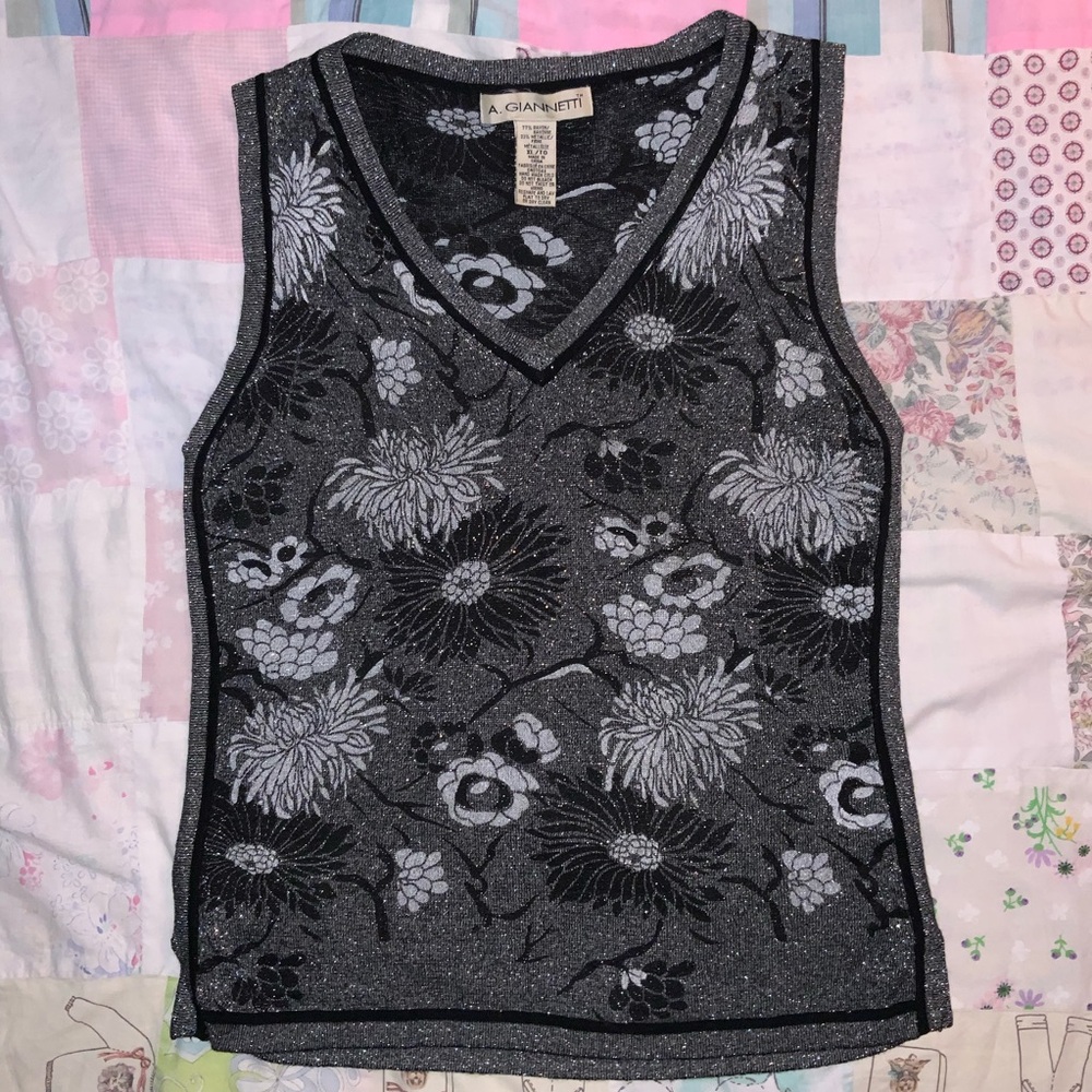 vintage A. Giannetti Black Graphic Fitted Tank Top stretchy sparkly XL‎